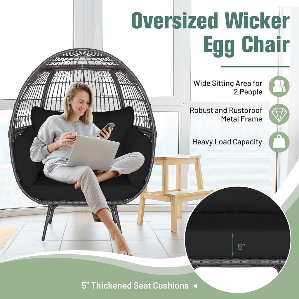 Tangkula PE Wicker Egg Chair, Patiojoy Oversized Indoor Outdoor Patio Lounge Chair with Cushions and Pillows, Steel Frame Basket Chair for Garden, Deck, Balcony, Living Room (Black)