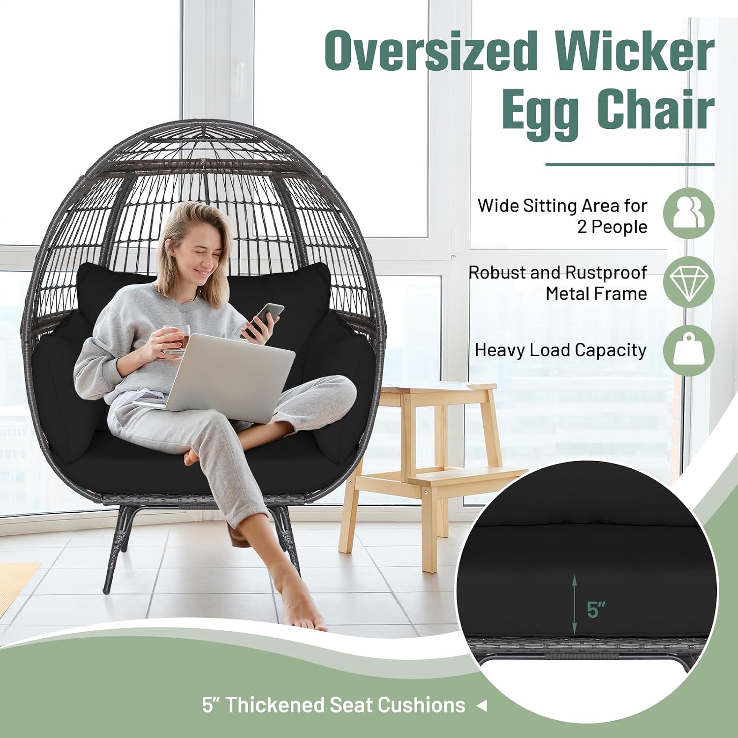 Tangkula PE Wicker Egg Chair, Patiojoy Oversized Indoor Outdoor Patio Lounge Chair with Cushions and Pillows, Steel Frame Basket Chair for Garden, Deck, Balcony, Living Room (Black)