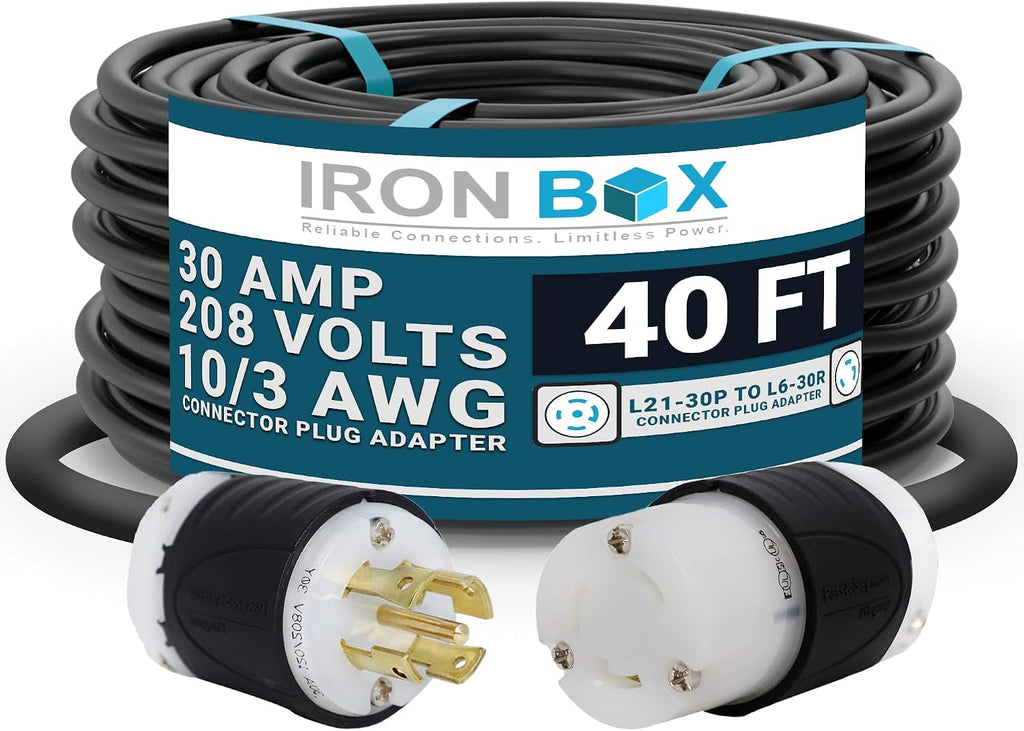 IronBox Electric - Heavy-Duty L21-30P to L6-30R Connector Plug Adapter - 10/3 AWG - 30 Amps & 208V Rated - Reliable Power Solution for Generators, Transfer Switches, and Industrial Equipment(40 foot)