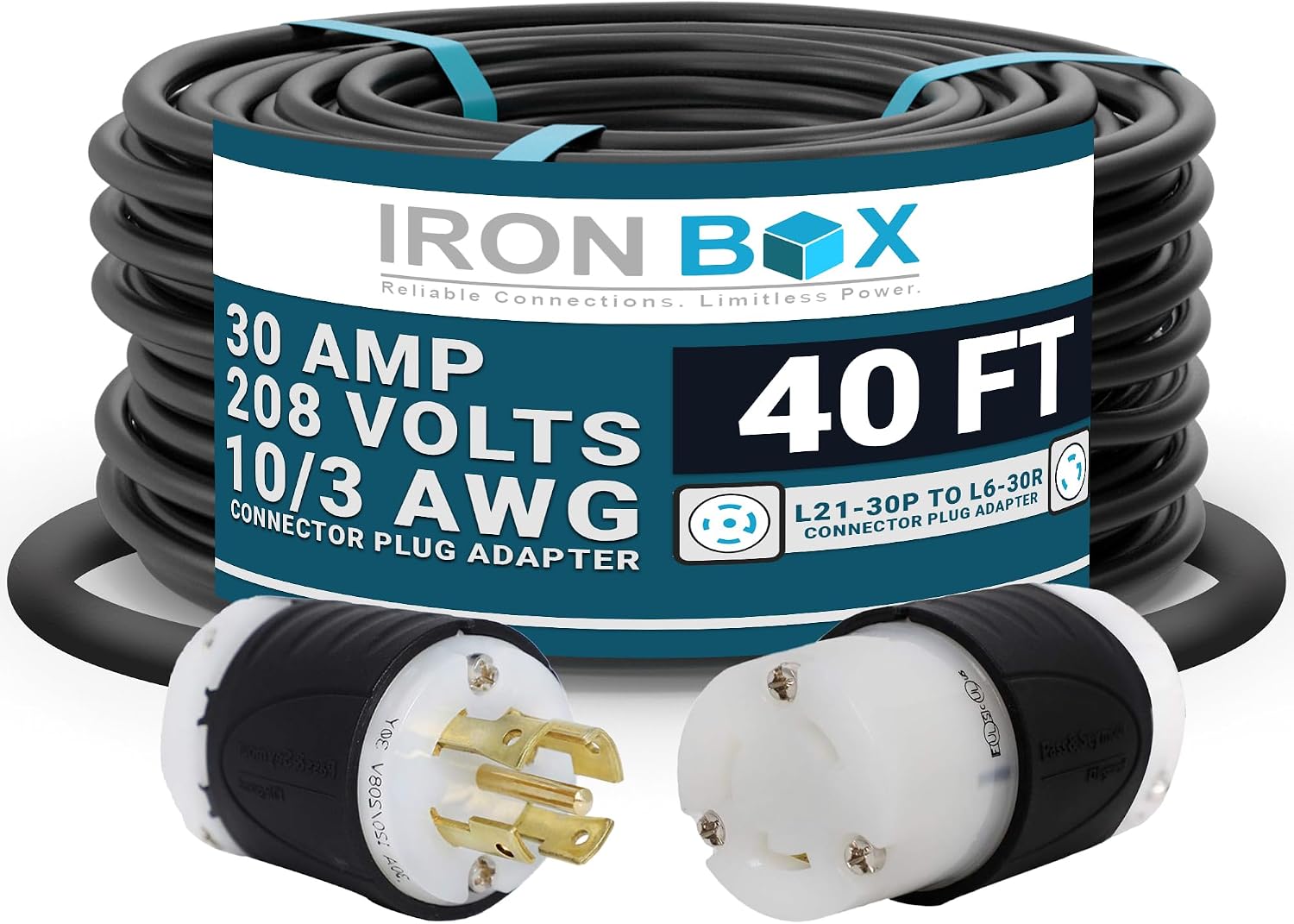 IronBox Electric - Heavy-Duty L21-30P to L6-30R Connector Plug Adapter - 10/3 AWG - 30 Amps & 208V Rated - Reliable Power Solution for Generators, Transfer Switches, and Industrial Equipment(40 foot)