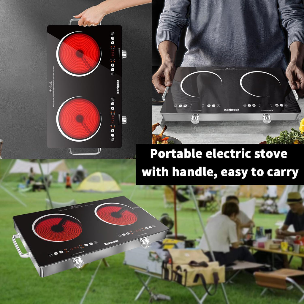 Karinear 2 Burner Electric Cooktop 110V, Portable Electric Stove with Handle, Knob Control Electri Hot Plate, Ceramic Countertop Burner, Timer, Safety Lock, 9 Power Level, 2000W, 24 inch(White)