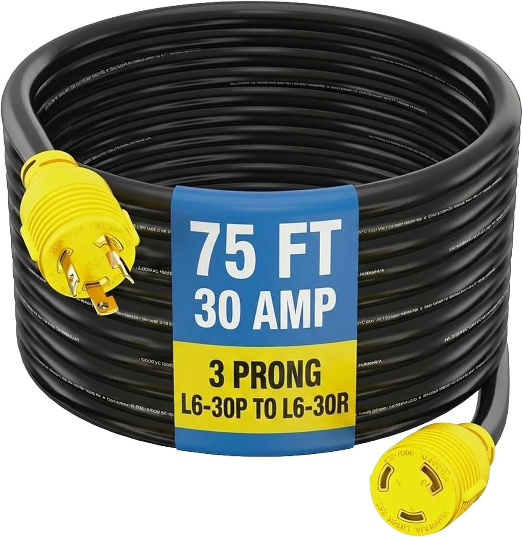 Houseables 30 Amp Generator Cord, L6-30 Extension Cord, L6-30R, L6-30P, 75 Feet, Generator Cable, 3 Prong, 250V Extension, 30amp, NEMA, Twist Lock, RV, Heavy Duty, 10 Gauge, 250 Volt, UL & ETL Listed
