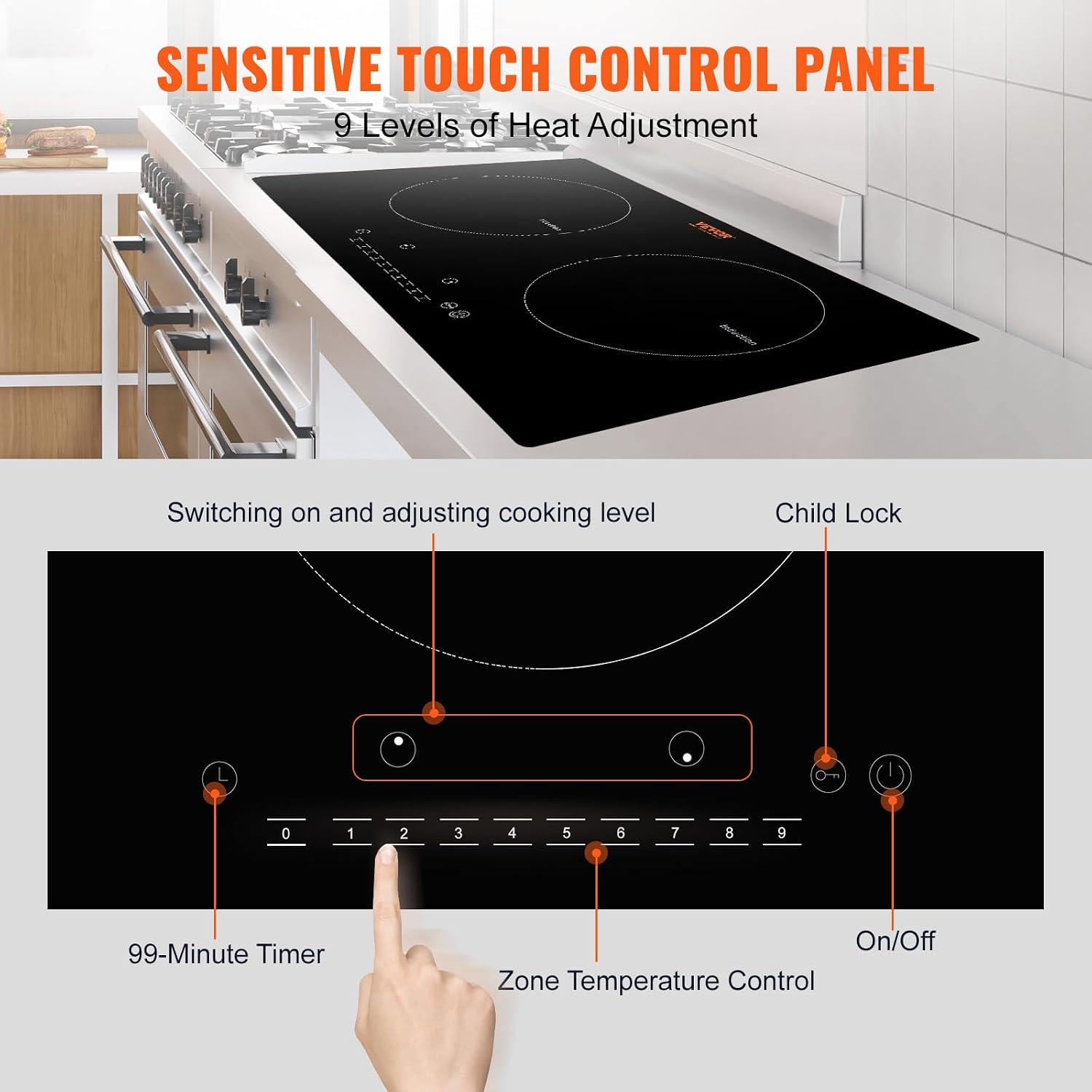 VEVOR Electric Cooktop, 2 Burners, 24'' Induction Stove Top, Built-in Magnetic Cooktop 1800W, 9 Heating Level Multifunctional Burner, LED Touch Screen w/Child Lock & Over-Temperature Protection