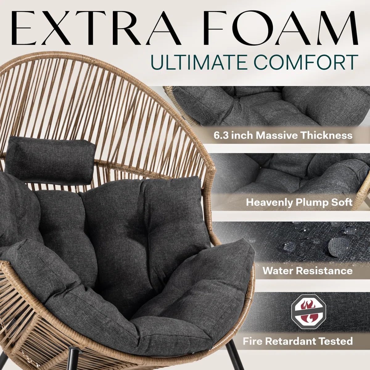 Bme Heavy Duty 500 Lbs Capacity Wicker Egg Chair for Outside & Indoor, UV 2000 Hours Material with Flame Retardant Tested Cushion, Durable Against Water, Weather, Black Base