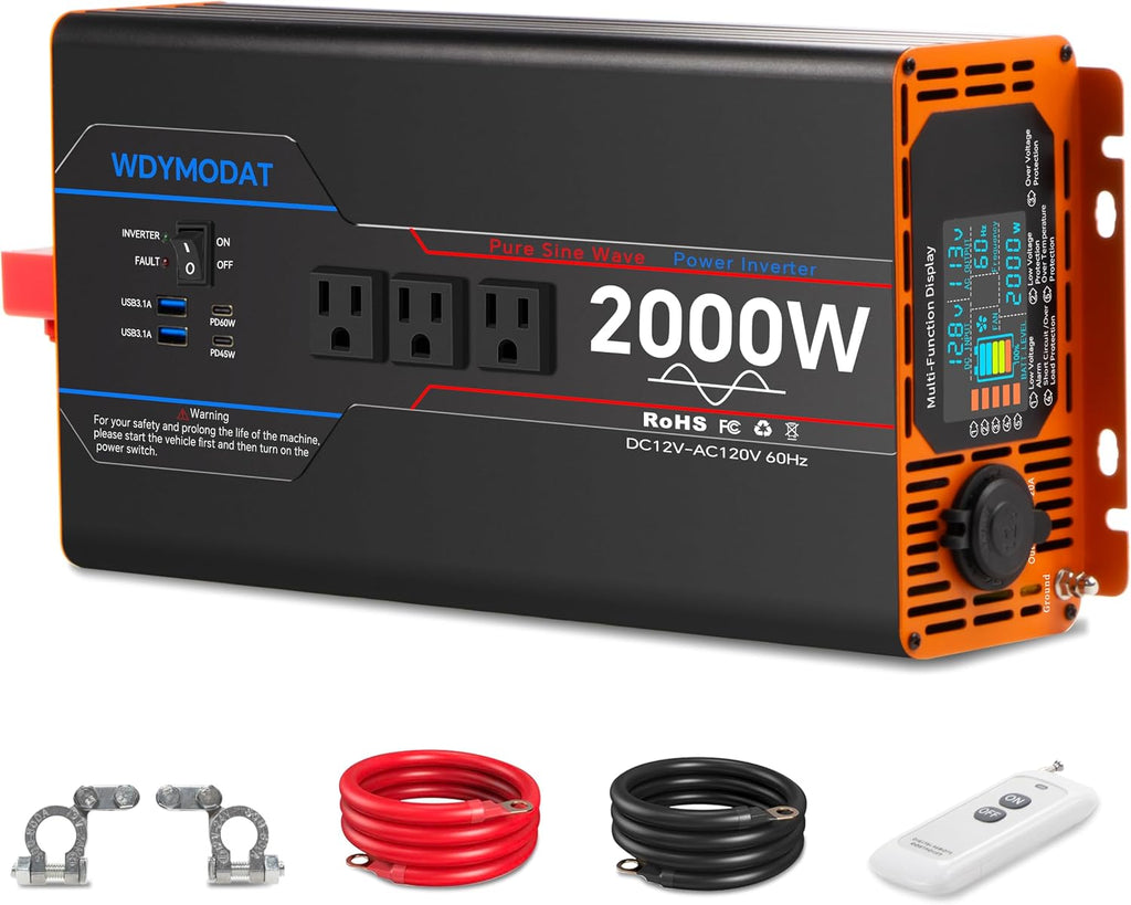 2000W Pure Sine Wave Inverter, Car Power Inverter 12V to 110V 120V, DC to AC Converter Generator with AC Outlets 3.0A USB Type-C, Remote Controller LCD Display Truck Inversor for Vehicles, RV