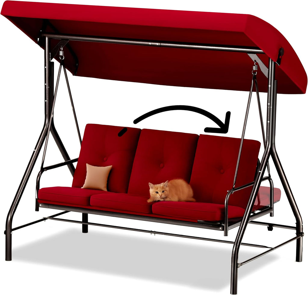 Porch Swing - 3-Seat Patio Outdoor Swing with Canopy for Adultes, Convertible Glider Bed, Thick Removable Cushions & Pillows for Backyard, Porch, Garden - Burgundy
