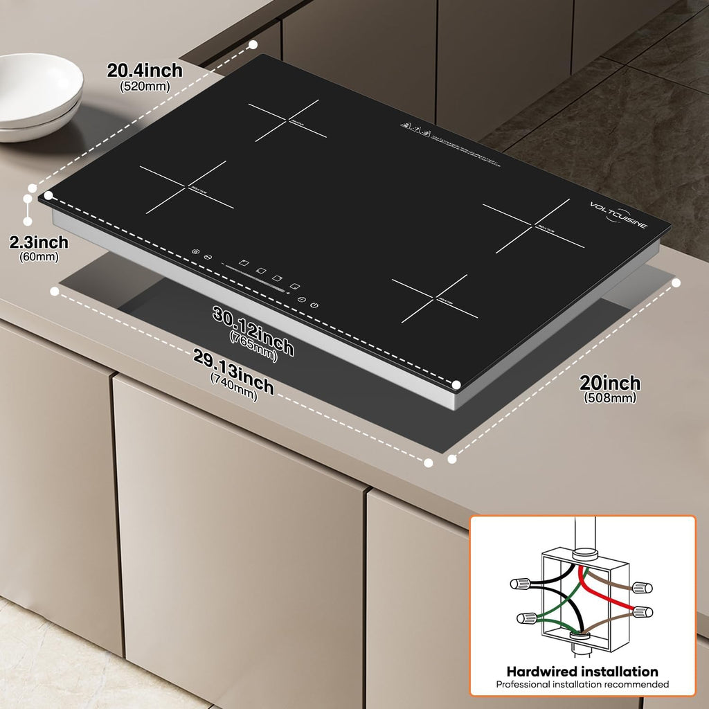 30' 4-Burner Built-in Induction Cooktop 6600W, Countertop Electric Stove with Touch Control, 9 Power Levels, Timer & Child Lock, Easy-Clean Black Glass Surface (220–240 V)