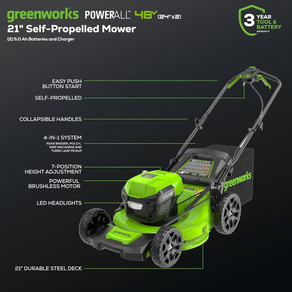 Greenworks 48V (24V x 2) 21' Brushless Self-Propelled Mower+12' String Trimmer+320CFM Blower,(2) 5.0Ah Batteries and 4A Dual Port Charger