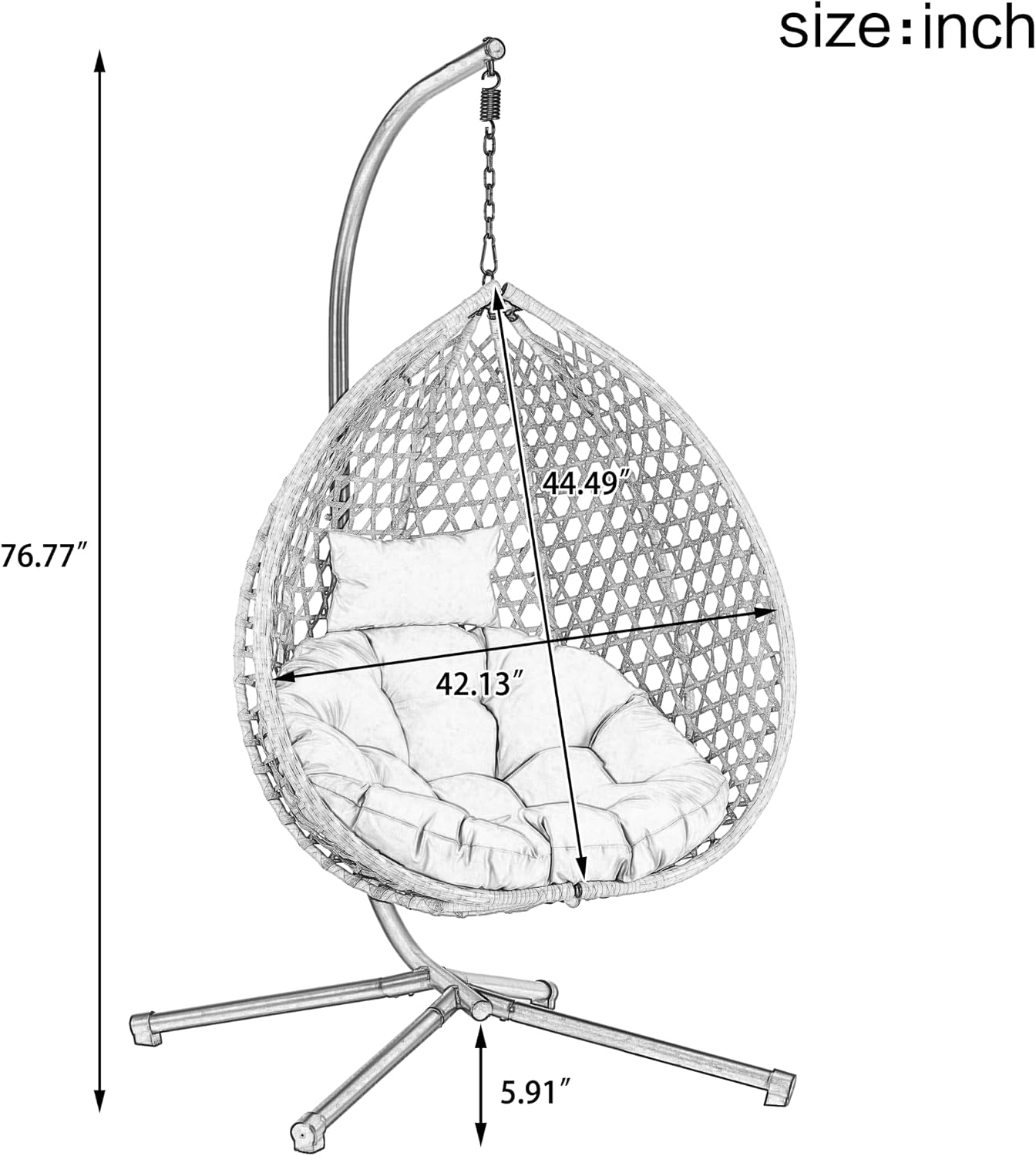 Single Hammock Chair with Stand Durable Hanging Egg Chair with Rattan Weaving, Indoor Outdoor Swing Chairs with Soft Removable Cushion for Balcony, Bedroom, Patio, or Garden, Black+Beige