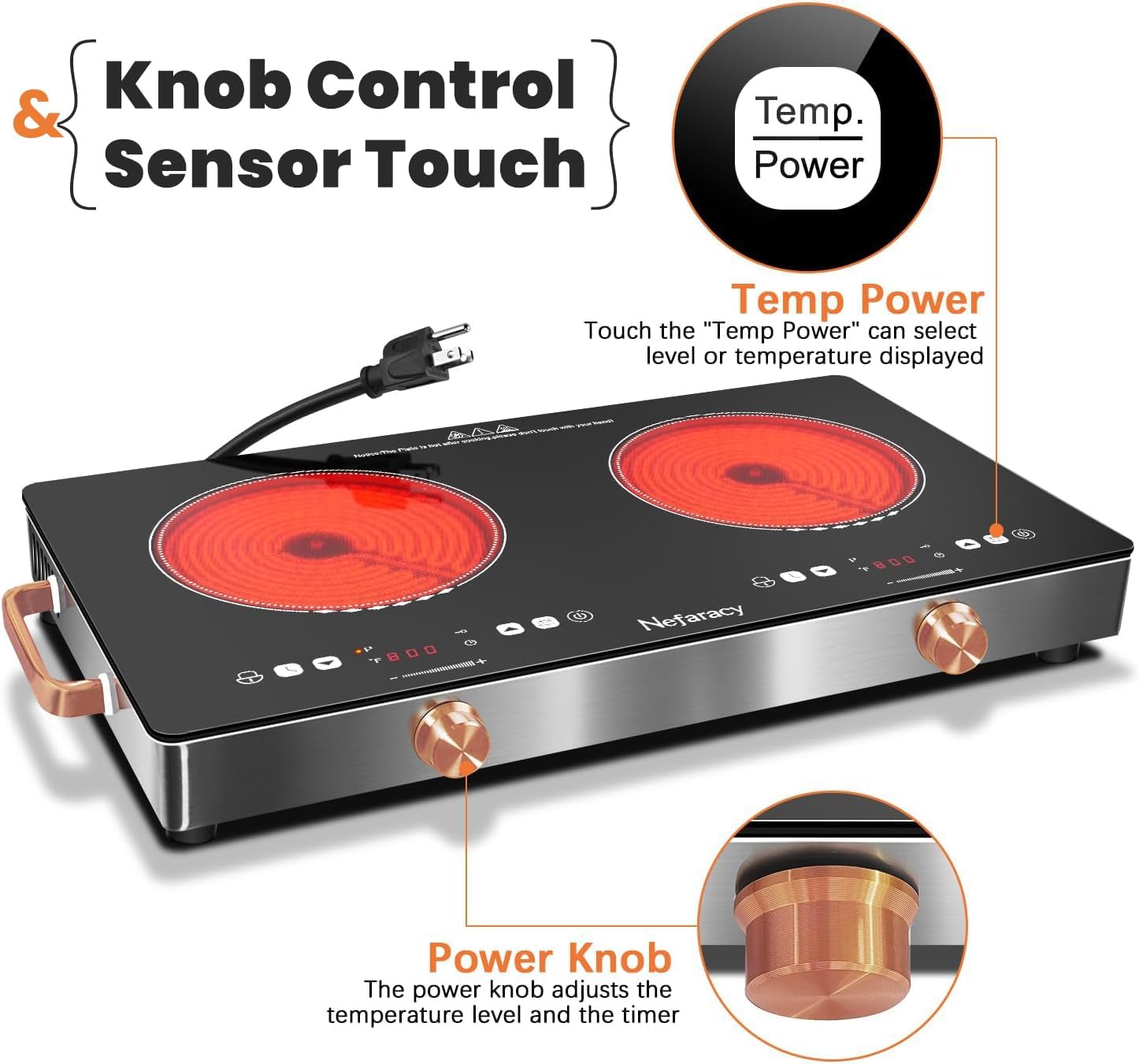 2 Burner Electric Cooktop 24 inch, 110-120V Plug in 2000W Ceramic Cooktop, Portable Electrics Stove with Handles,Touch & Knob Control, Safety Lock, 9 Heating Levels, 240Mins Timer, Overheat Protection
