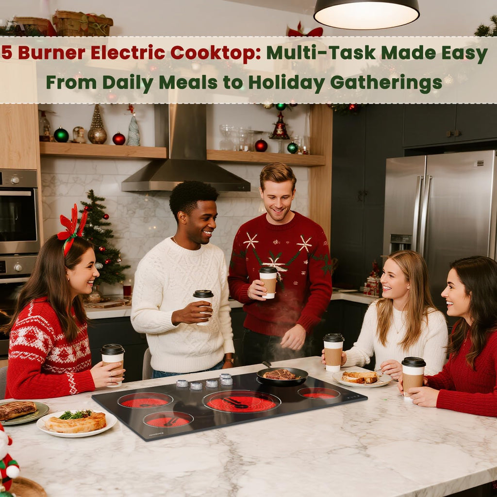 Electric Cooktop 36 Inch Karienvir, 5 Burner 9200W Electric Stove Top with Dual-Ring & Triple-Ring Burners, 220V-240V Hardwired Cooktop, 36' Cook top With Knob Control 9 Level Power, Timer, Lock