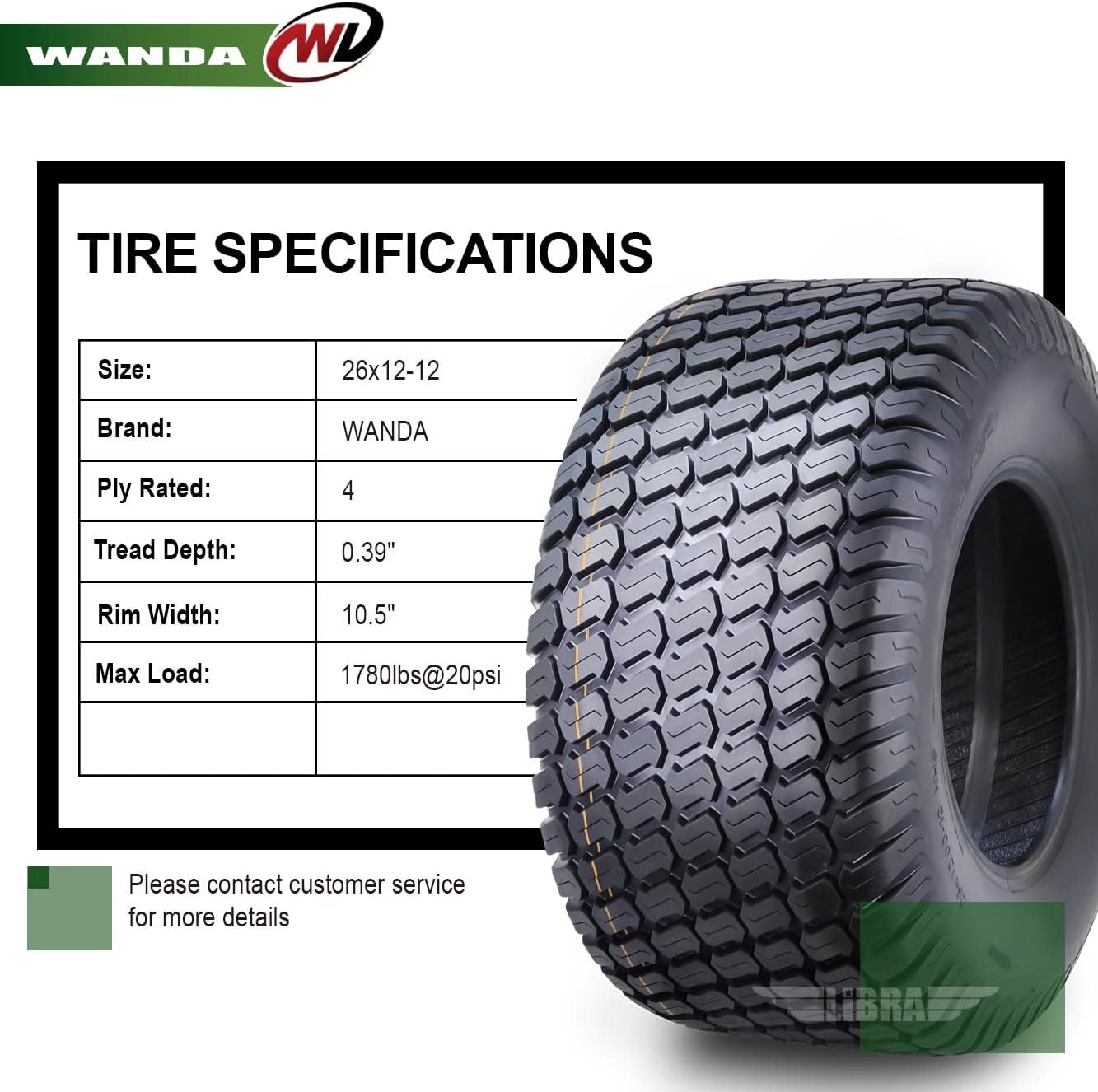 WANDA 26X12-12 Lawn Mower Tractor Cart Turf Tires 4 Ply 26x12x12 -Set 2-13056