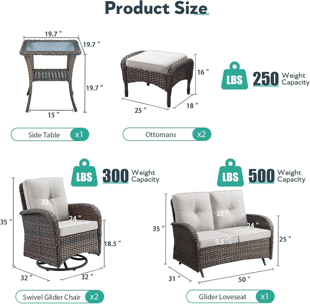 Outdoor Swivel Glider Rocker Chairs Set- 6 Piece Patio Furniture Set with A Glider Loveseat, Tempered Glass Side Table and 2 Ottoman, for Balcony, Porch - Brown Wicker, Beige Cushion