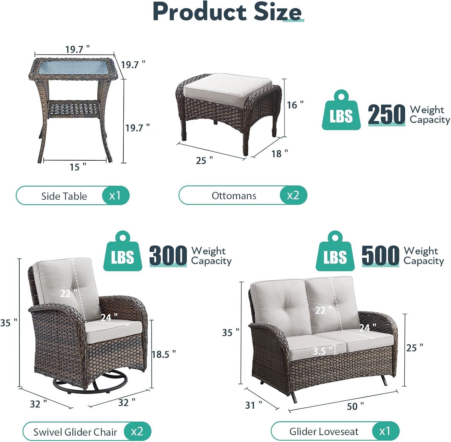 Outdoor Swivel Glider Rocker Chairs Set- 6 Piece Patio Furniture Set with A Glider Loveseat, Tempered Glass Side Table and 2 Ottoman, for Balcony, Porch - Brown Wicker, Beige Cushion