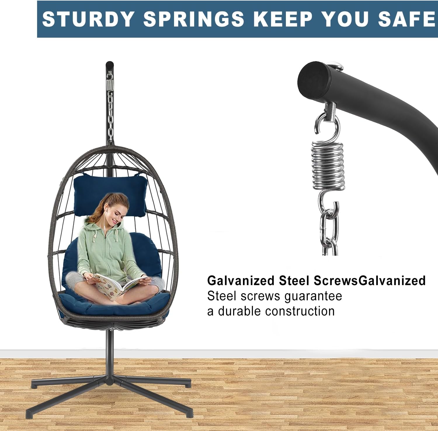 Indoor Outdoor Patio Wicker Hanging Chair Swing Chair Patio Egg Chair UV Resistant Cushion Aluminum Frame (Teal Blue)