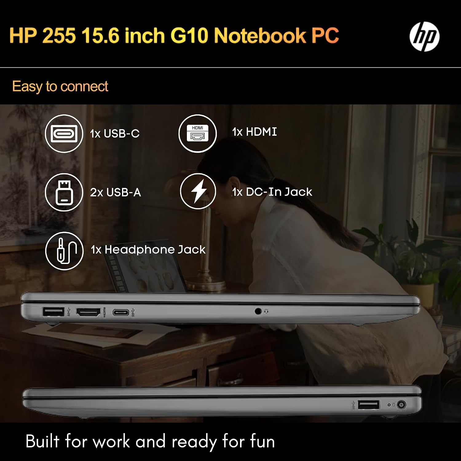 HP 255 G10 Laptop for Home or Work - Microsoft Office 365 for Web - 15.6' Full HD - Ryzen 3 7330U (Beat Intel i5-1135G7) - 16GB RAM - 256GB SSD - HDMI - USB-C - Windows 11 w/o Mouse