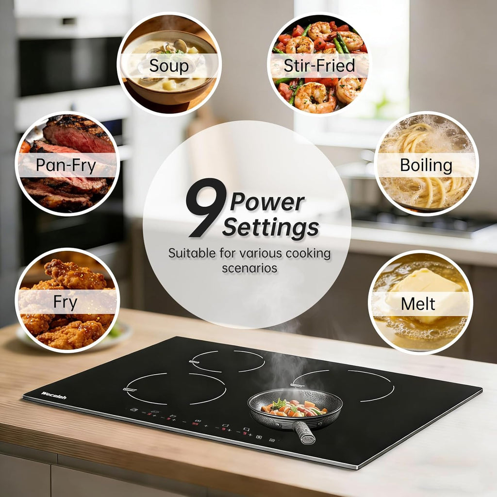 30 Inch Induction Cooktop 4 BOOST Burner, Weceleh Drop in Electric Cooktop, 9 Power Levels, Child Safety Lock, Timer, Touch Control, Overheat Protection,7000W/220-240V Induction StoveTop, No Plug
