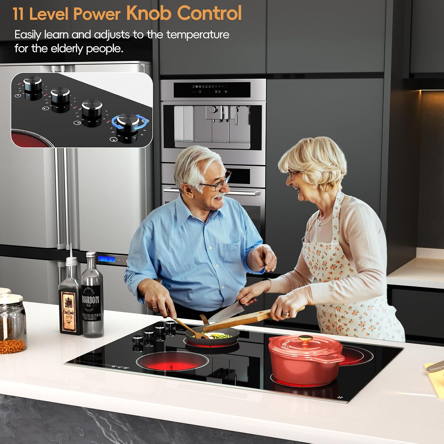 Electric Cooktop 30 inch 4 Burner, 6700W Built-in Radiant Electric Stove Top with Knob Control, Electric Ceramic Stove Cooktop with 11 Level Power Adjustable, 220-240V, Hard Wire