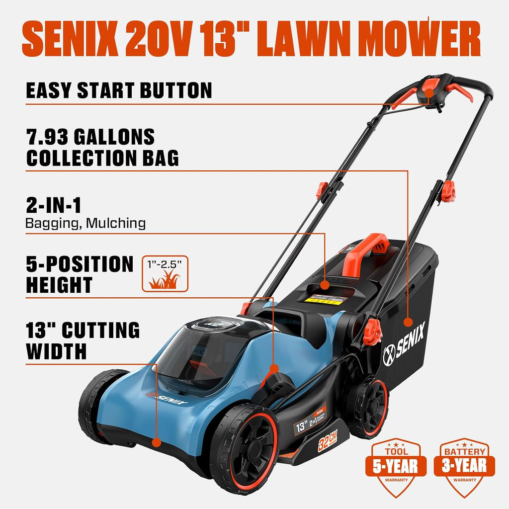 SENIX 20V 13' Cordless Lawn Mower, 2-in-1 Electric Push Mower 4.0Ah Battery & Charger, Bagging, Mulching, 5 Position Height Adjustment, for Garden Yard