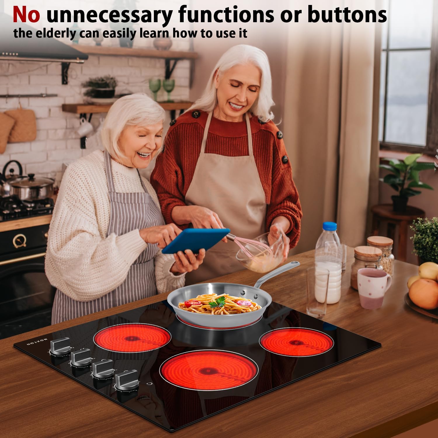 Noxton 24 Inch Electric Cooktop 4 Burners Electric Stove Top, Built-in 24' Radiant Ceramic Cooktop with Knob Control, Hot Surface Indicator, 220-240v,6000W, No Plug, Hard Wire