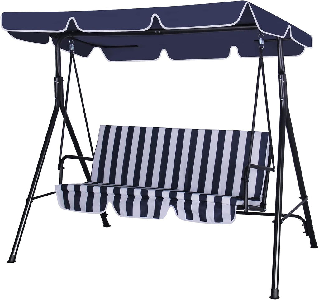GARTOO 3-Seat Patio Swing Chair, Outdoor Porch Swing with Adjustable Canopy and Durable Steel Frame for Patio, Garden, Poolside(Nevy Blue)