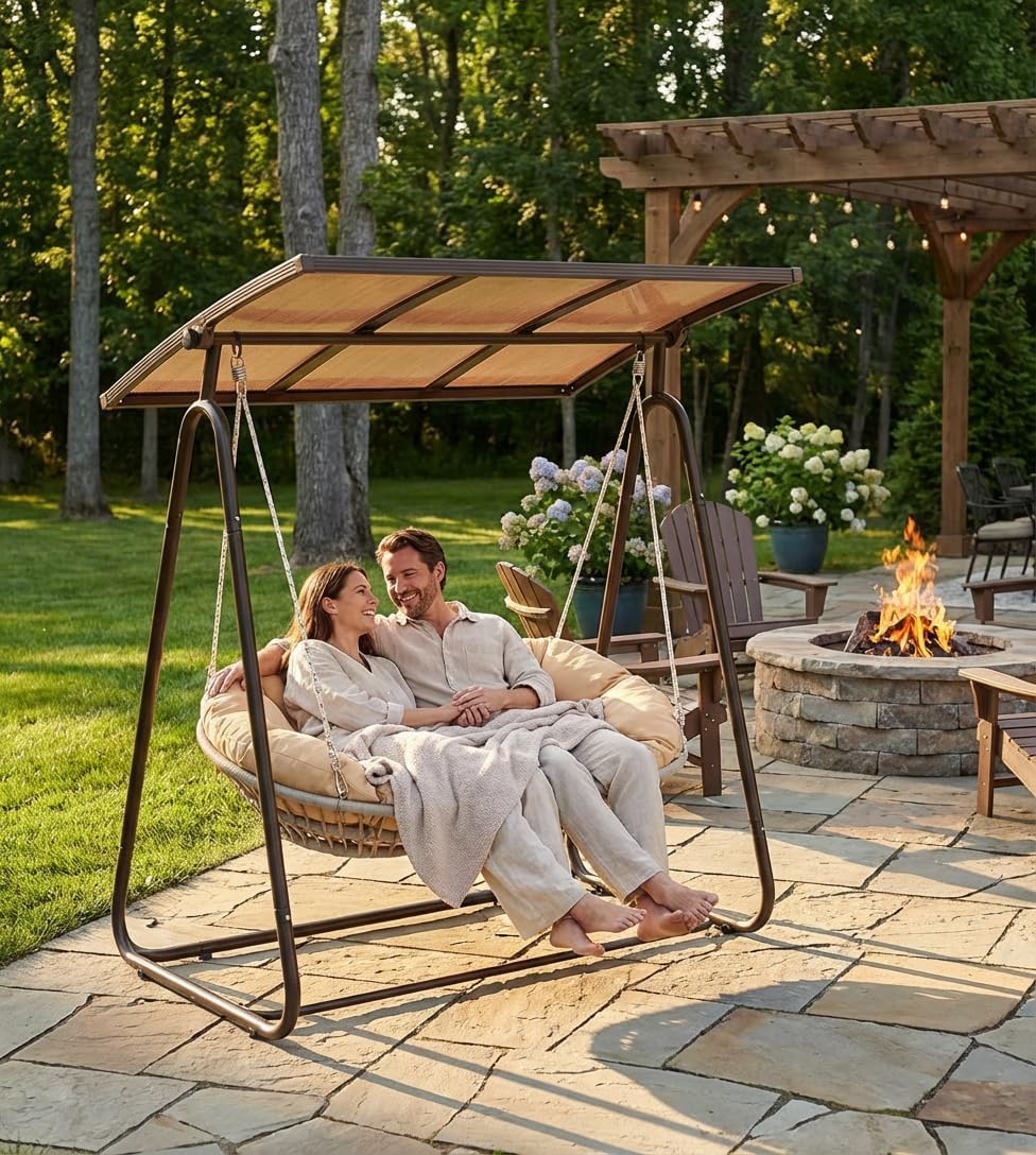 2-Seat Outdoor Patio Porch Swing with Polycarbonate (PC) Canopy, All-Weather Outdoor Swing Chair with 4.7' Thick Cushion and Hand-Woven Rope, Heavy Duty Steel Frame for Patio, Garden, Khaki