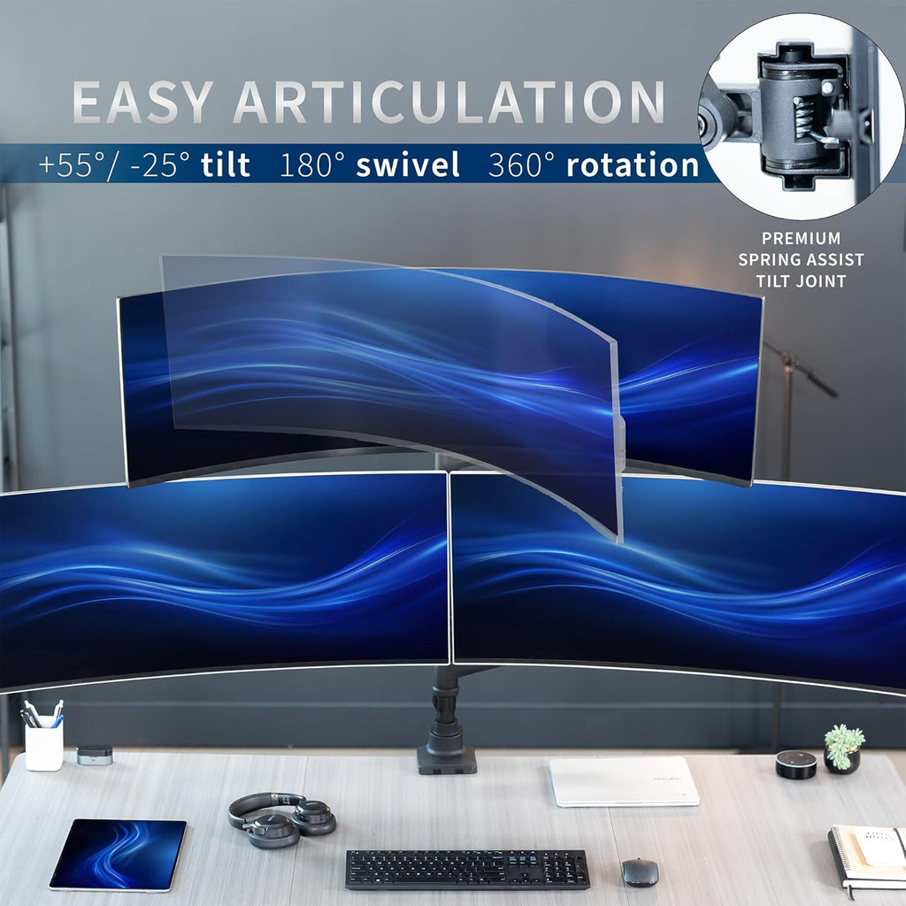VIVO Pneumatic Arm Triple Ultrawide Monitor Extra Tall Desk Mount for Up to 49 inch Screens, Heavy Duty Clamp, Holds 3 Ultra Wides Up to 44 lbs, Black, STAND-V300D