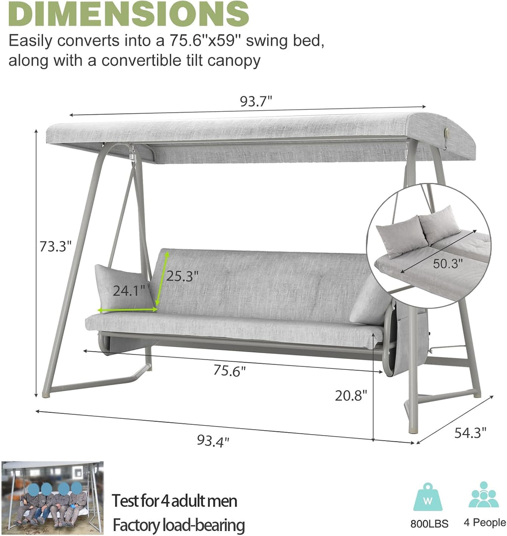 3-4 Person Oversized Outdoor Porch Swing with Adjustable Backrest Canopy,2-in-1 Swing Bed 800 lbs Capacity,Patio Swing with Removable Cushions for Yard Garden Poolside Balcony
