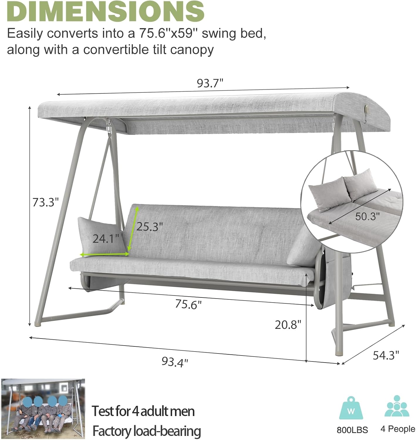 3-4 Person Oversized Outdoor Porch Swing with Adjustable Backrest Canopy,2-in-1 Swing Bed 800 lbs Capacity,Patio Swing with Removable Cushions for Yard Garden Poolside Balcony