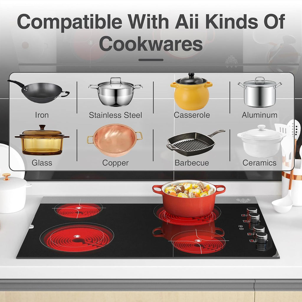 GIHETKUT 4 Burner Electric Cooktop,7200W Built-in & Countertop 4 Burner Electric Stove Top with 9 Power Levels, Child Safety Lock & 99mins Timer, 30 inch Electric Cooktop 220-240V (No Plug)