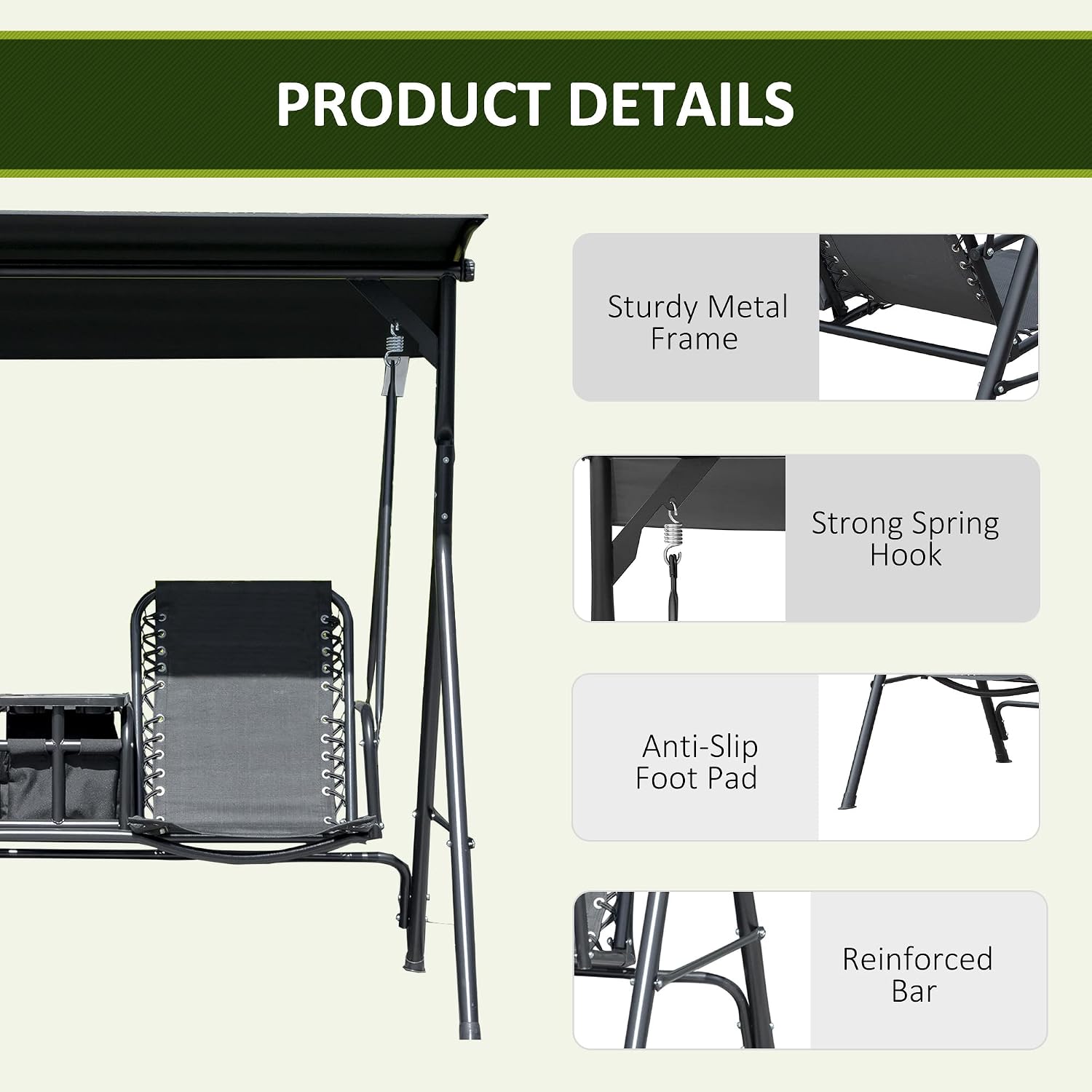 Outsunny 2-Seater Patio Swing Chair, Outdoor Canopy Swing Glider with Pivot Storage Table, Cup Holder, Adjustable Shade, Bungie Seat Suspension and Weather Resistant Steel Frame, Black