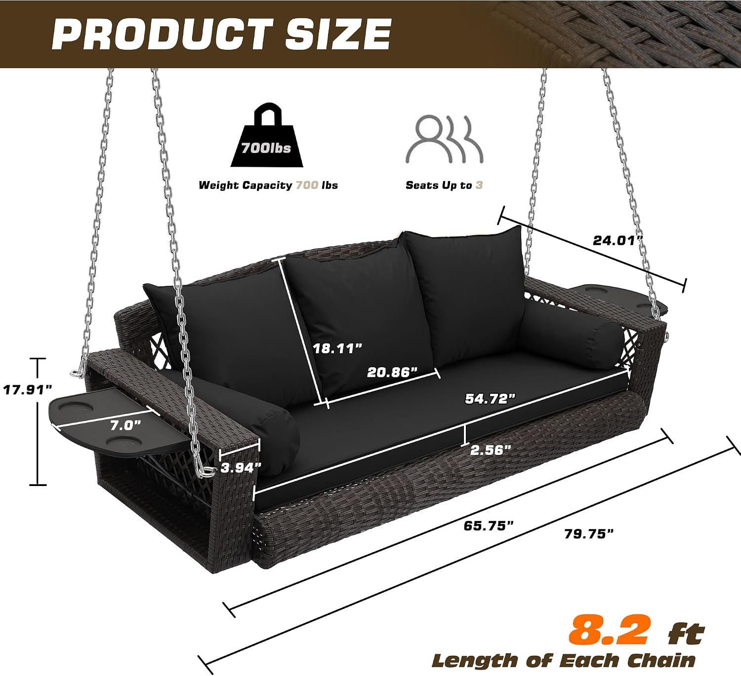 Grepatio Wicker Hanging Porch Swing - Outdoor 3 Person Patio Swing Bench with Cushion & Chains - 3-Seat Porch Swing Chair with Cup Holder for Garden, Yard, Lawn (Black Brown Rattan)