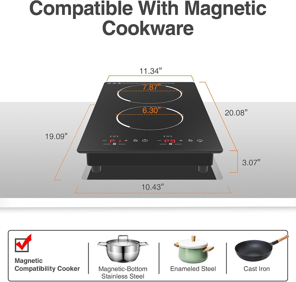 GIHETKUT Double Induction Cooktop,110V 2 Burner Induction Cooktop,2300W Electric Stove Top with Independent Control, Ultrathin Body, 9 Temperature, Multiple Power Levels, 2 Hour Timer, Safety Lock