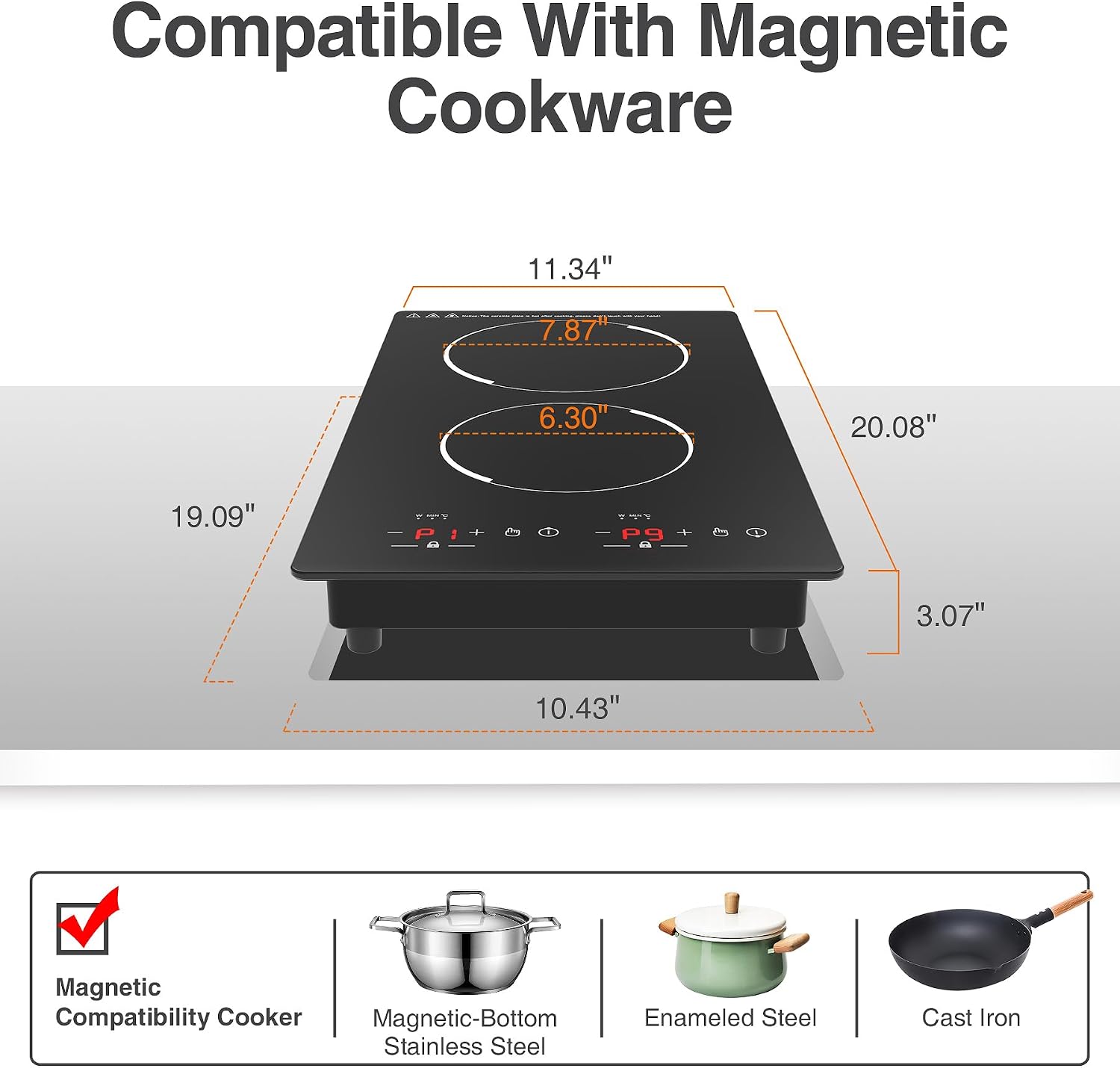 GIHETKUT Double Induction Cooktop,110V 2 Burner Induction Cooktop,2300W Electric Stove Top with Independent Control, Ultrathin Body, 9 Temperature, Multiple Power Levels, 2 Hour Timer, Safety Lock