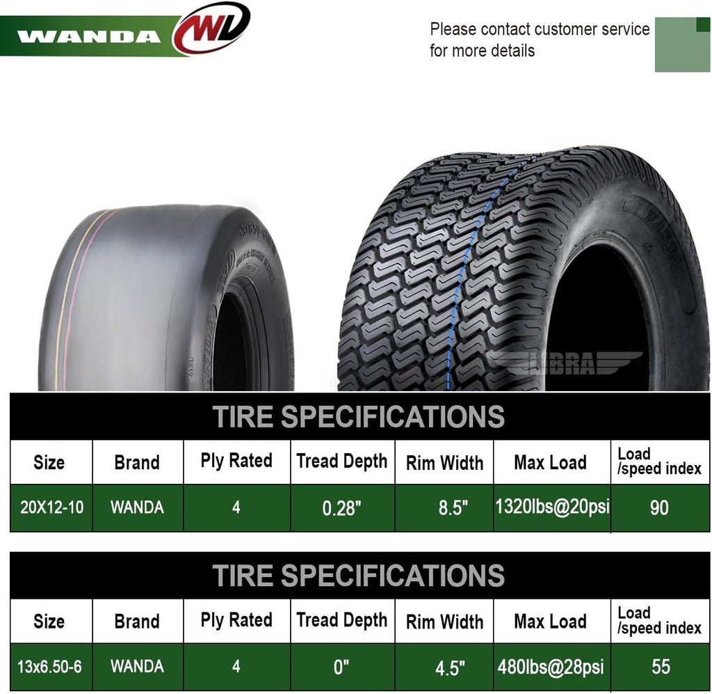 WANDA Set 4 Zero-Turn Lawn Mower Turf Tires 13x6.5-6 Front & 20x12-10 Rear /4PR -13207/13042