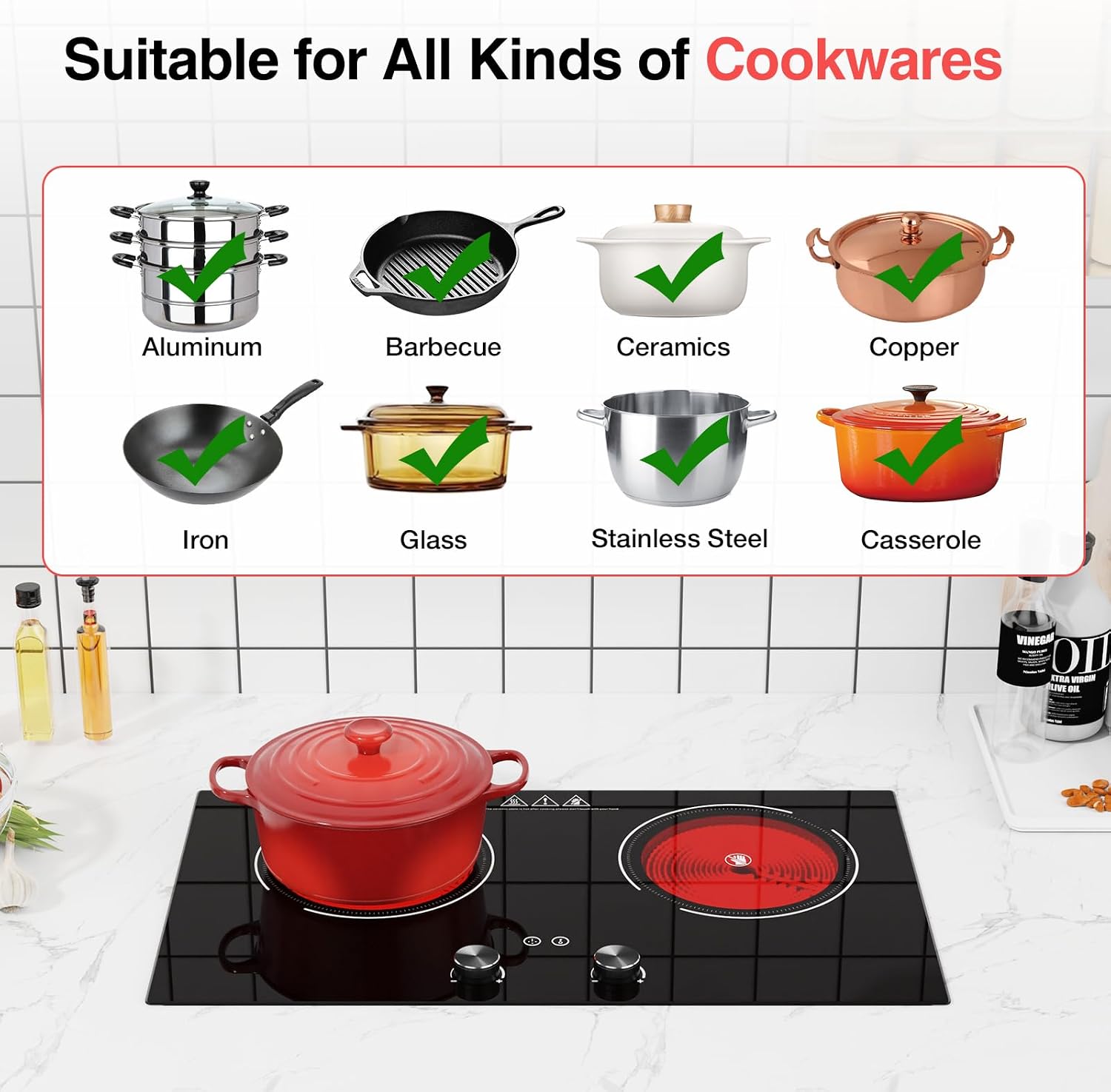 4000W Electric Cooktop: 24' Electric Stove 2 Burner Hot Plate Double Burner, Knob Control Countertop & Built-in, 9 Power Levels, Child Lock, Timer, Suitable for All Pans