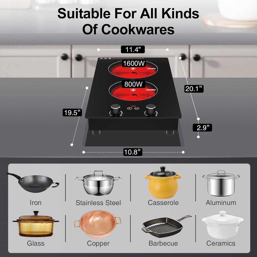 Electric Cooktop, 2 Burner Ceramic Cooktop 2400W 110V, Built-in or Countertop with Touch and Knob Control, 10 Power Levels, Child Lock, Timer, Hot Surface Indicator, Overheat Protection