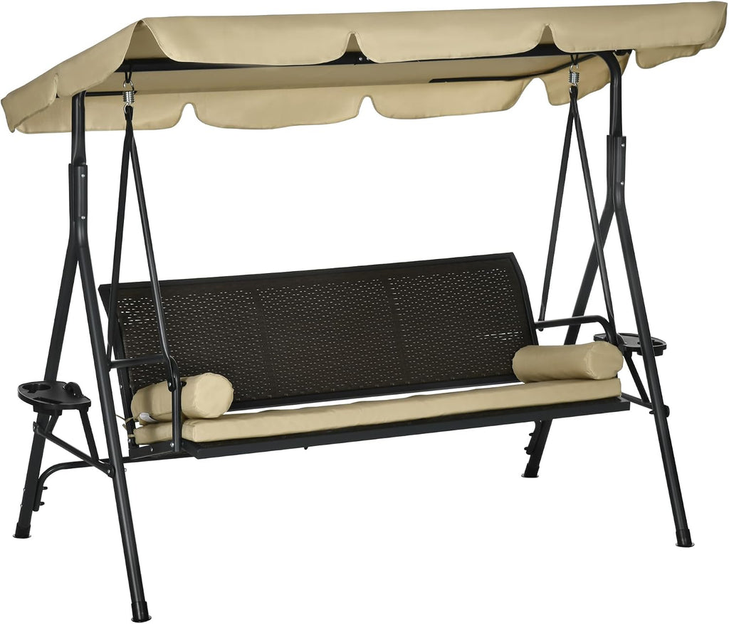 Outsunny 3-Seat Patio Swing Chair, Swing Bench for Outside w/Adjustable Shade, Removable Cushion and Rattan Seat, for Garden, Porch, Backyard, Poolside