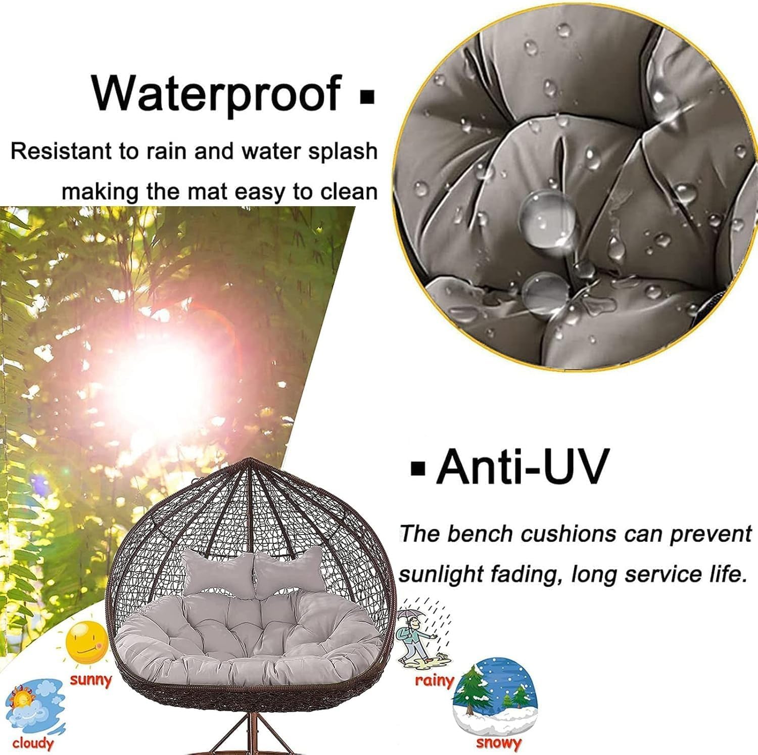 Double Hanging Egg Chair Cushion Replacement, Waterproof Swing Cushion, 2 Person Hammock Chair Cushion（Cushion only） (P)