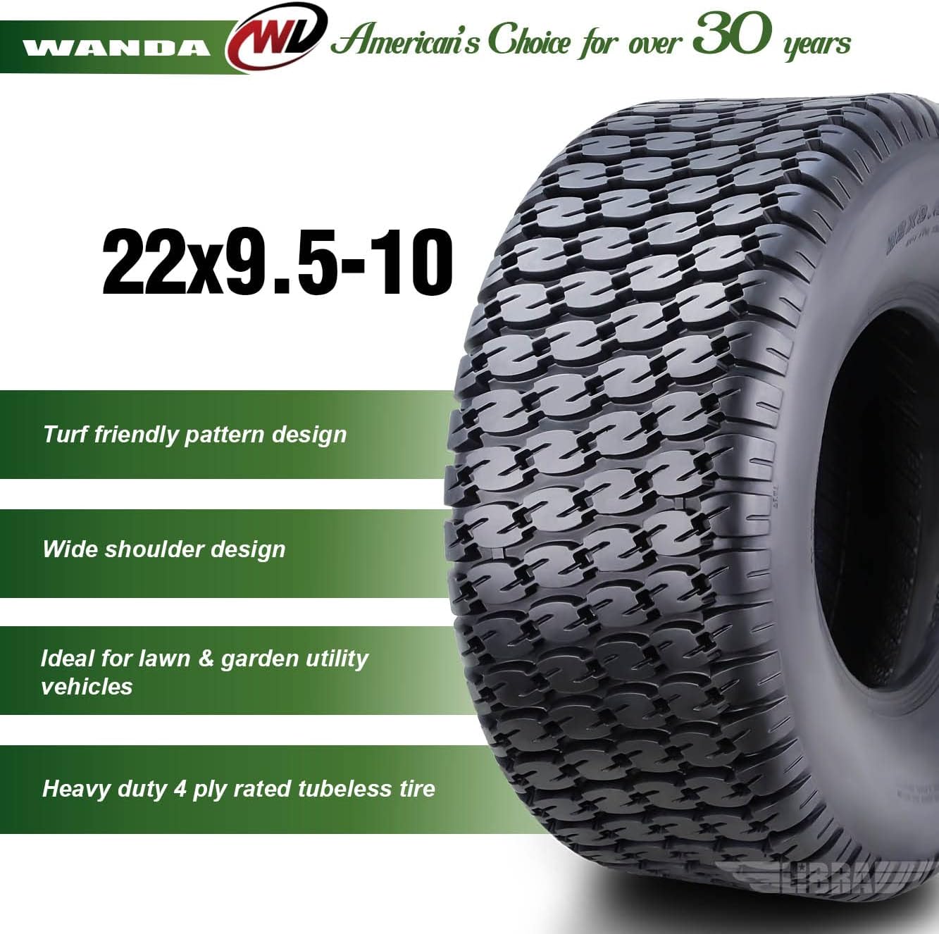 WANDA 22X9.5-10 Lawn Mower Tractor Cart Turf Tires 4 Ply 22x9.5x10 -Set 2-13217