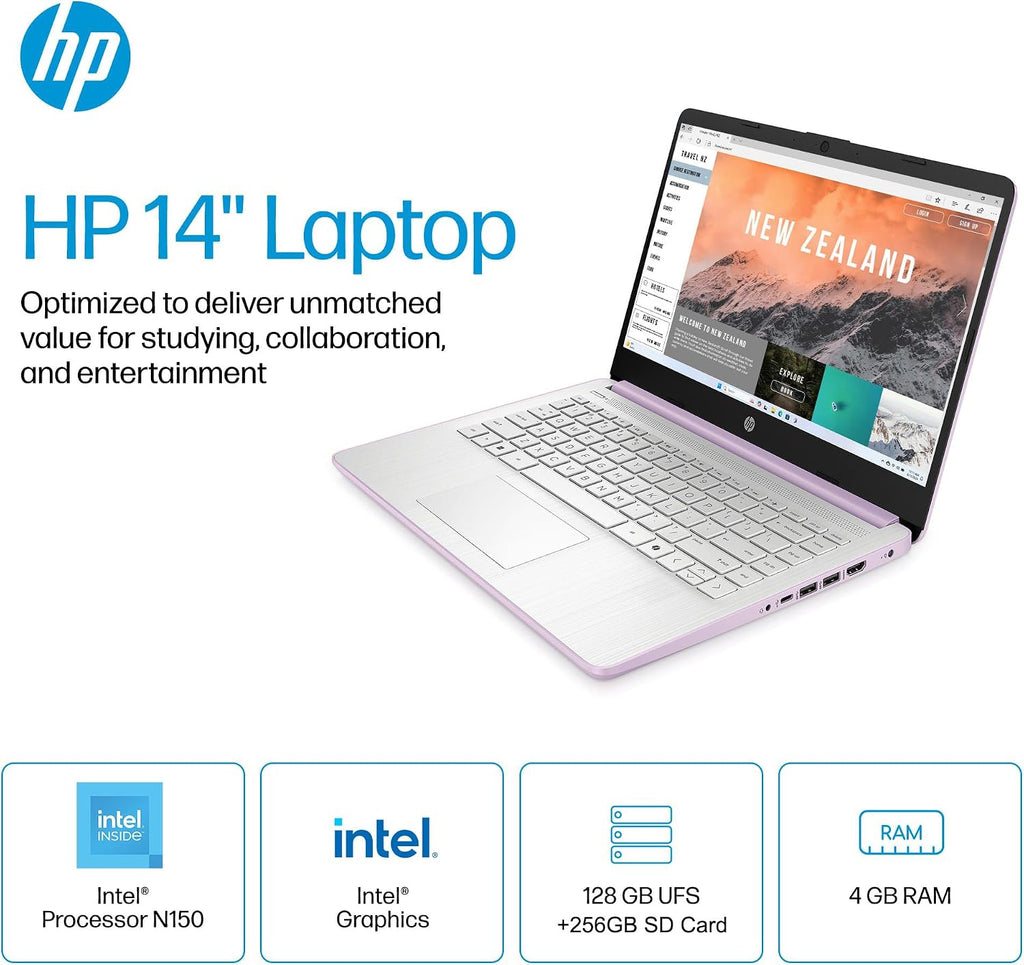 HP 14 Ultra-Light Laptop for Student & Home (14' LED, 1-Year Office 365, Intel 4-Core N150 (>N4120), 4GB RAM, 192GB Storage (128GB+64GB SD)), Long Battery Life, Fast Charge, Webcam, Win 11 S, Lavender