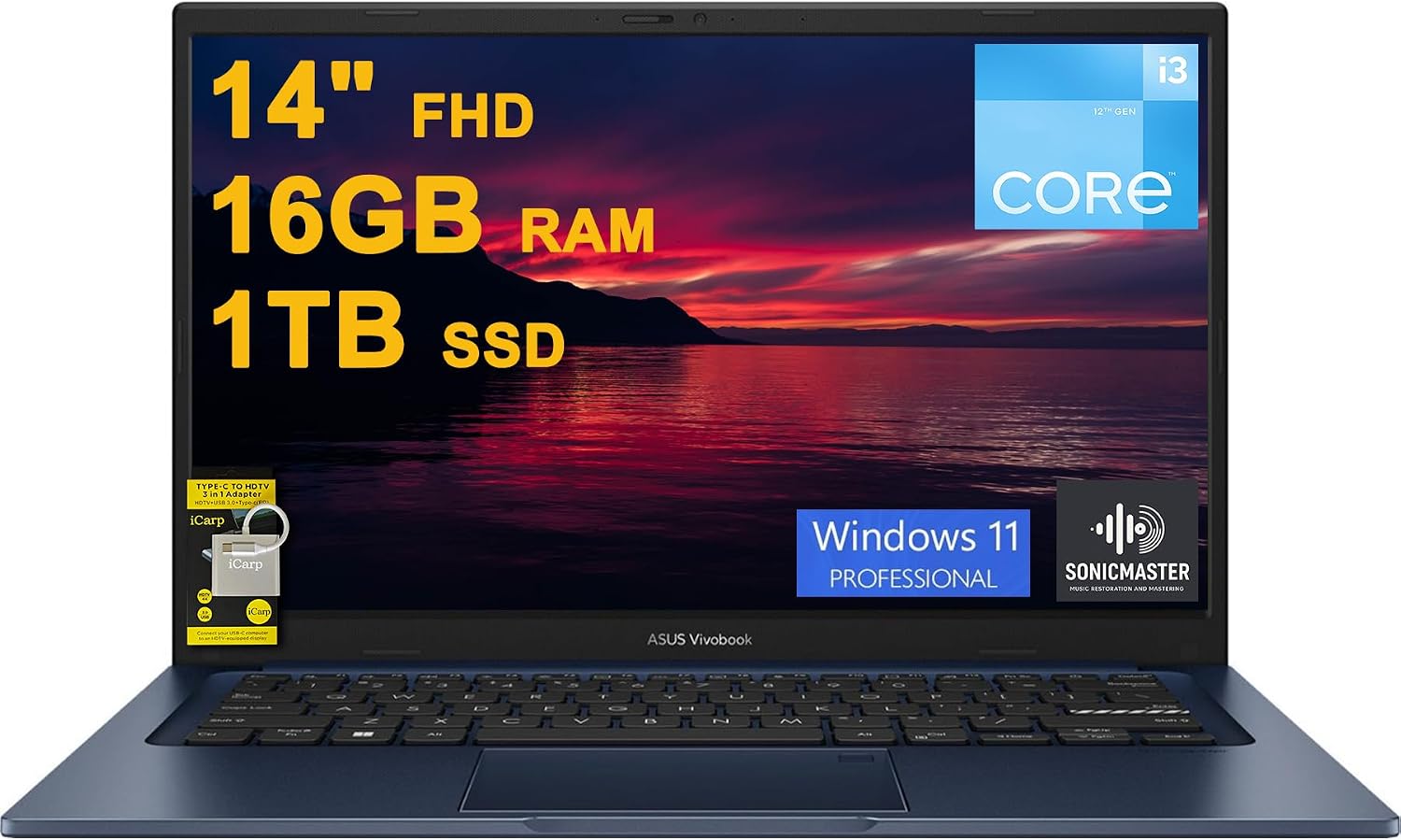 ASUS VivoBook 14 Business Laptop 14' FHD Anti-Glare Intel 6-core i3-1215U 16GB DDR4 1TB SSD Type-C Privacy Camera SonicMaster Fast Charging Win11Pro ICP Hub