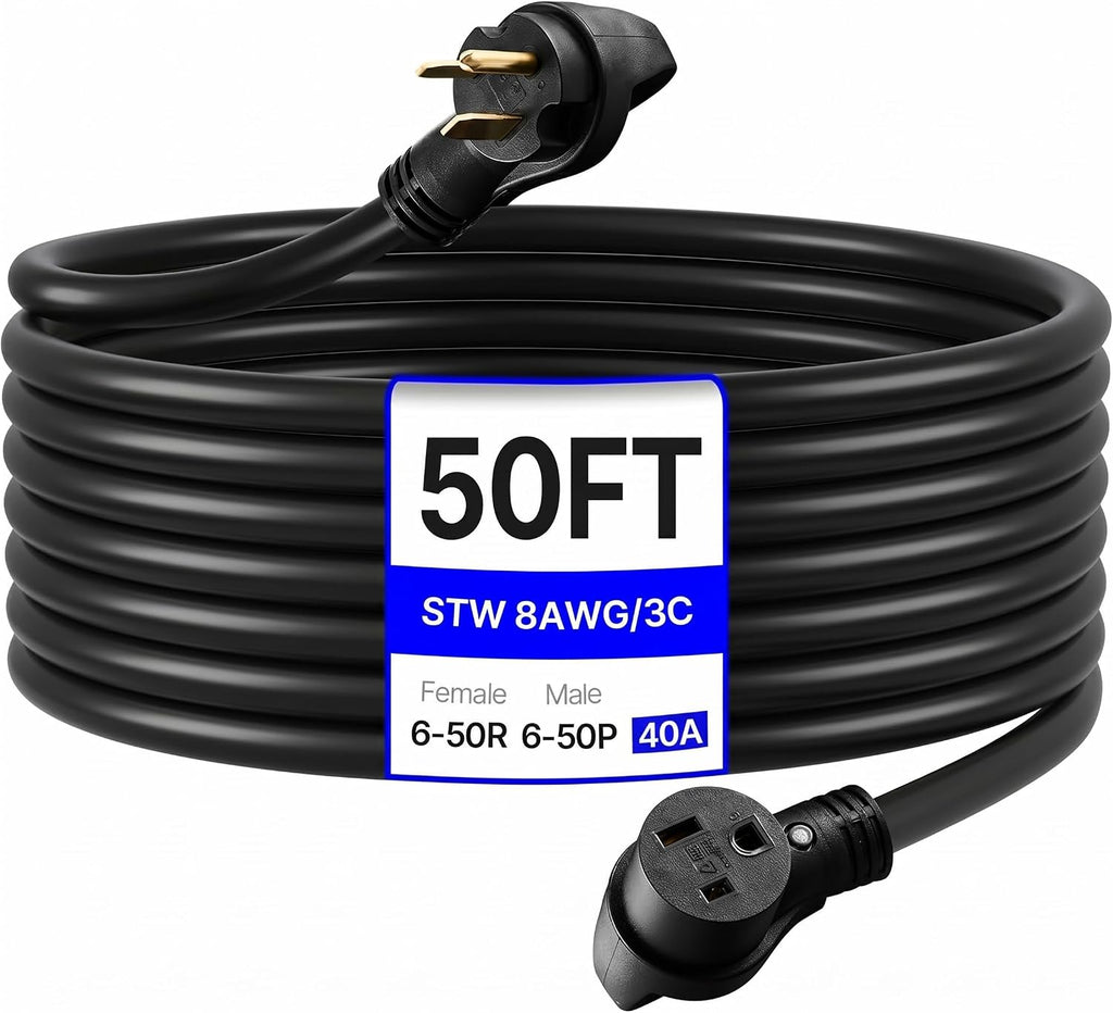 VEVOR 40-Amp Generator Extension Cord 50FT, 8AWG 7500W Heavy Duty Power Cord, NEMA 6-50P to 6-50R STW Welder Cord, ETL Listed for Generator & Welder with Storage Bag