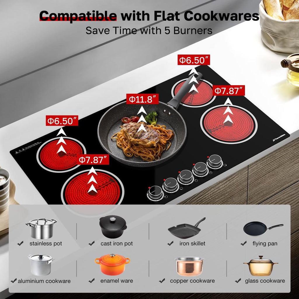 ThermoMate 36 Inch Electric Cooktop, 5 Burners Knob Control Built-in Ceramic Cooktop, 30' Radiant Electric Stove Top of 9000W with 9 Heat Levels, Hot Surface Indicator, 220-240v, Hard Wired