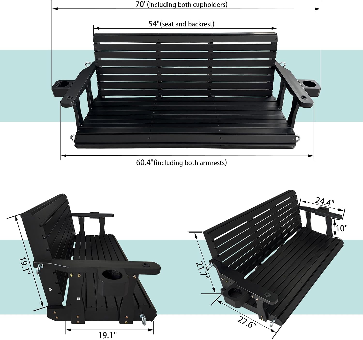 Wooden Porch Swing 3-Seater, High Backrest and Deep Seat, Bench Swing with Cupholders, Hanging Chains and 7mm Springs, Heavy Duty 880 LBS, for Outdoor Patio Garden (Carbon Black, 5 FT Extra Large)