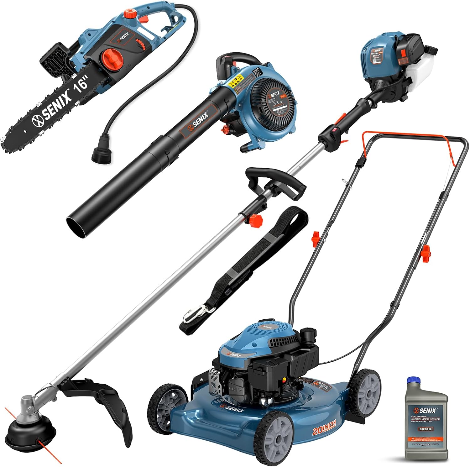SENIX 17-Inch 26.5 cc Gas Weed Wacker, 20-Inch 144 cc 4-Cycle Gas Lawn Mower, 26.5cc Gas Leaf Blower and 16' Corded Chainsaw Kit