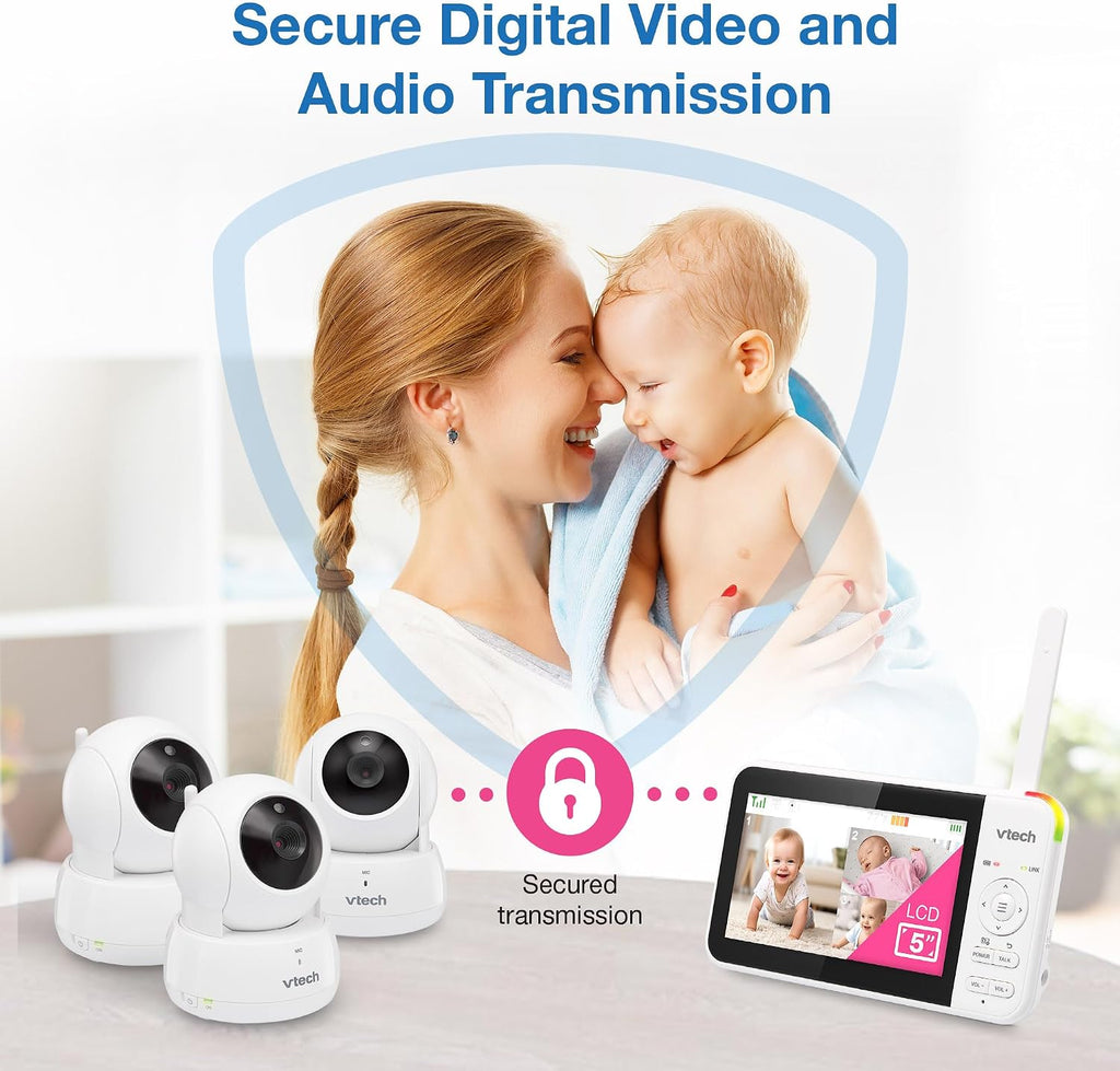 VTech VM924-3 5' Pan Tilt Zoom Video Baby Monitor with 3 Cameras – No WiFi, 17Hr Battery, 1000ft Range, Night Vision & Lullabies – Ideal for New Parents