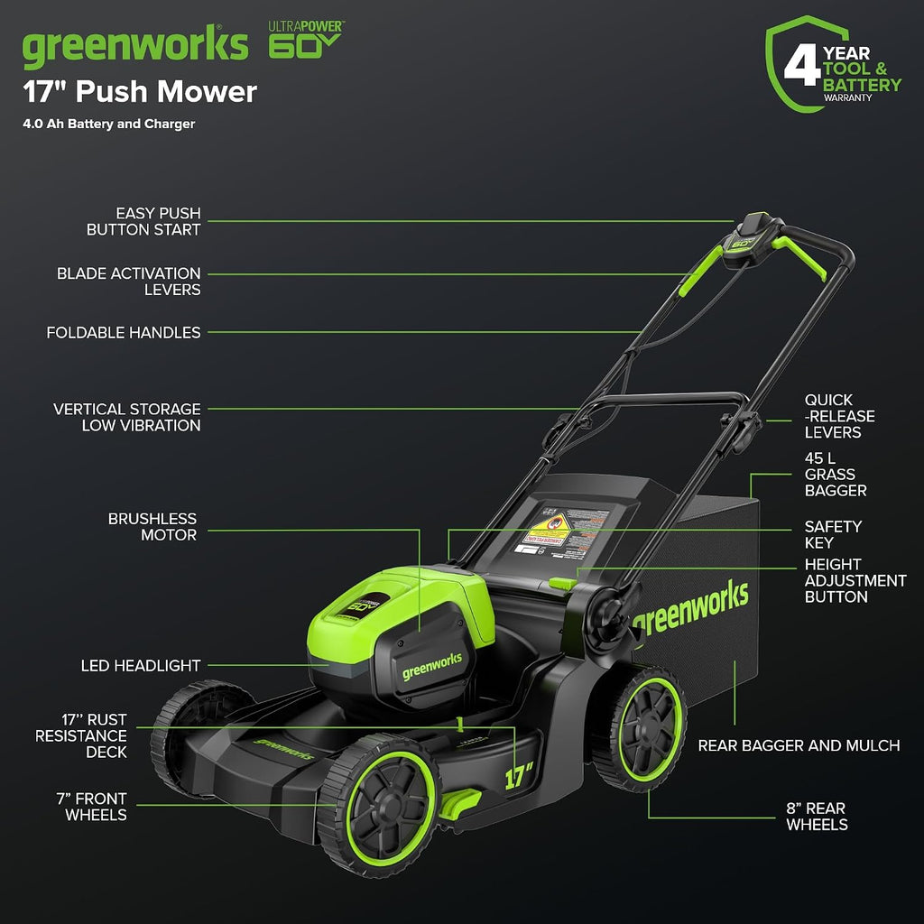 Greenworks 60V 17' Brushless Cordless Push Lawn Mower, 2-in-1 Mulching/Bagging, 4.0Ah Battery and 3A Charger(40min Runtime)