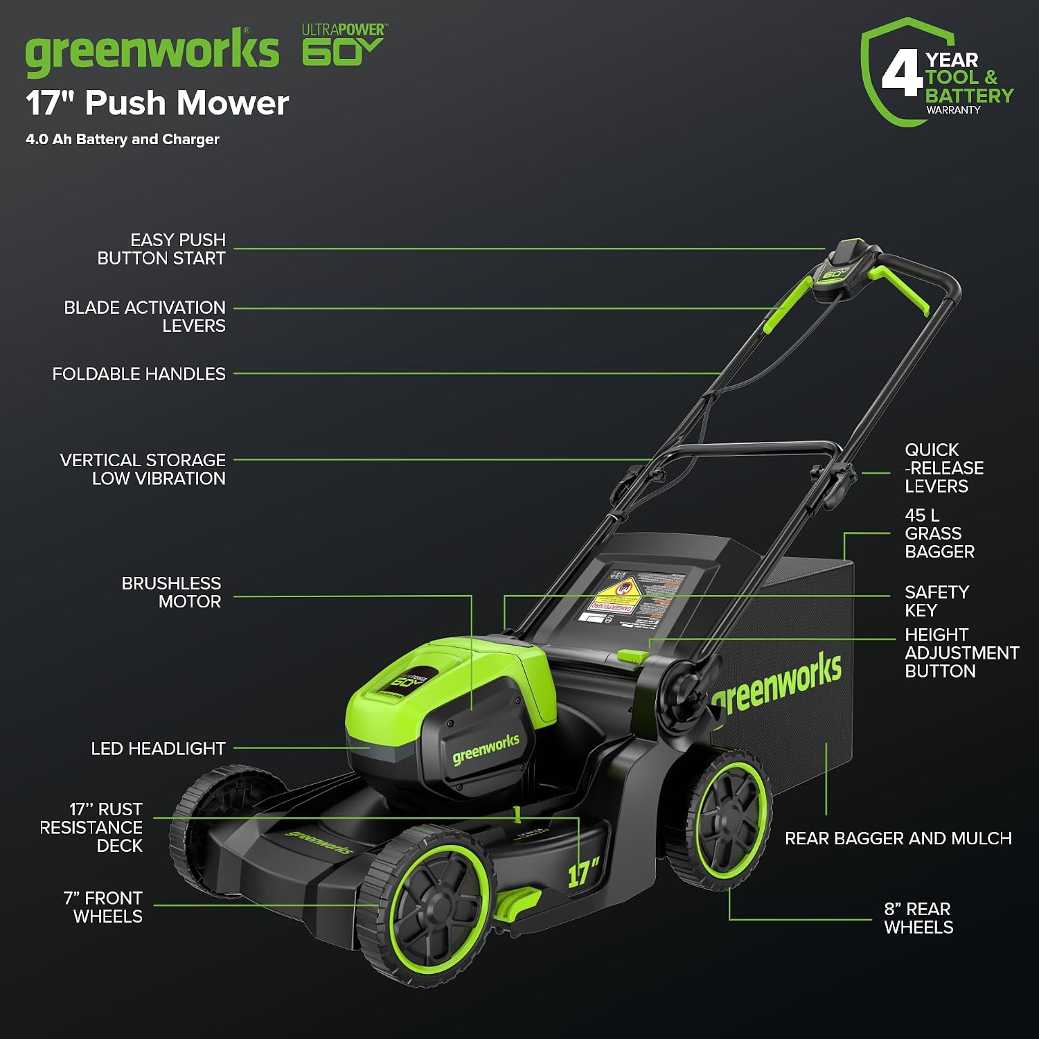 Greenworks 60V 17' Brushless Cordless Push Lawn Mower, 2-in-1 Mulching/Bagging, 4.0Ah Battery and 3A Charger(40min Runtime)