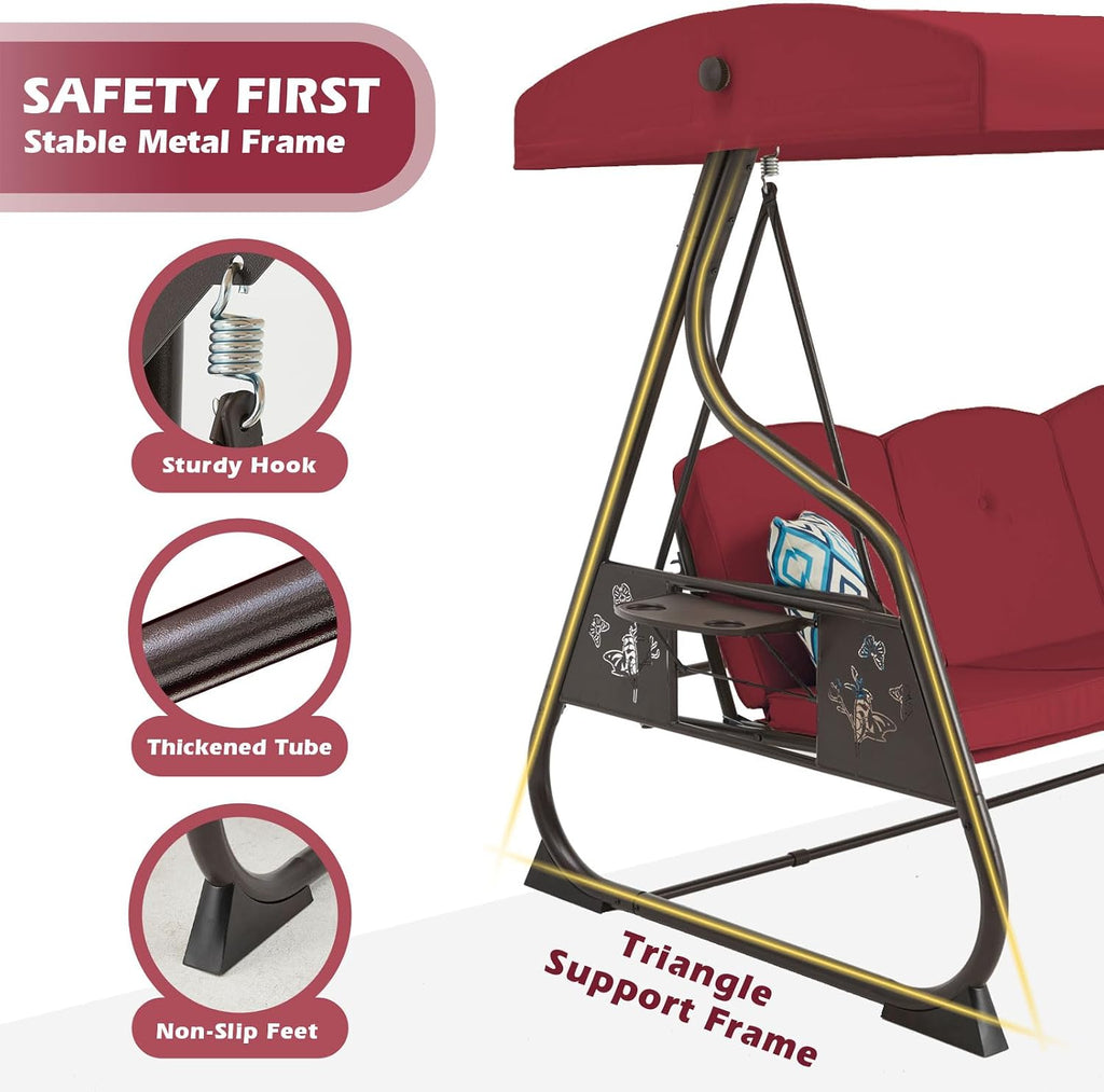 ZZW 3-Seat Patio Porch Swing 800LBS Outdoor Swing with Stand w/Canopy & Adjustable Backrest Patio Glider Chair w/Removable Pillows & Foldable Side Tray for Balcony Garden Deck (Wine Red)